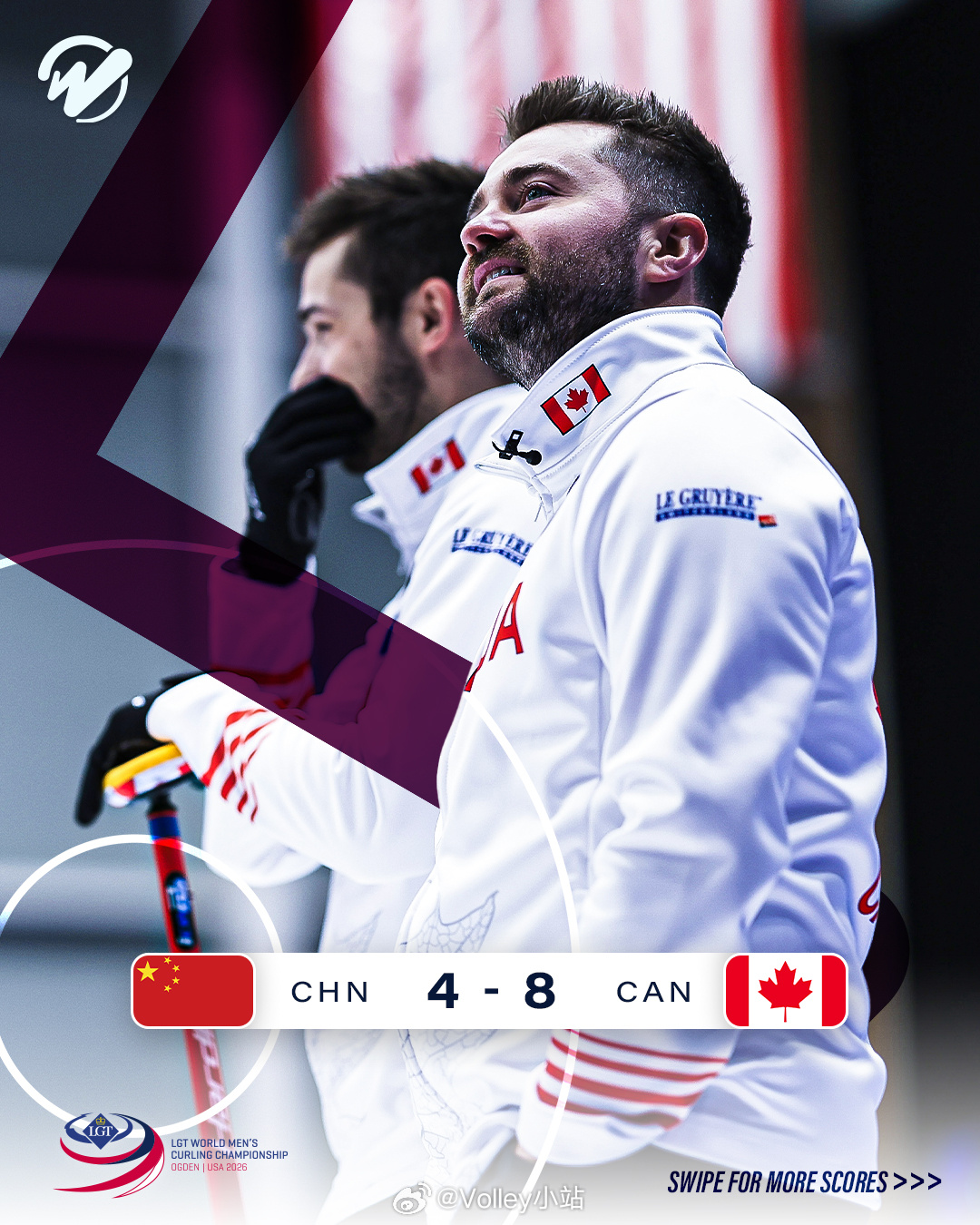 2026男子冰壶世锦赛循环赛，中国队一日双赛分别不敌加拿大和美国队，目前3胜5负