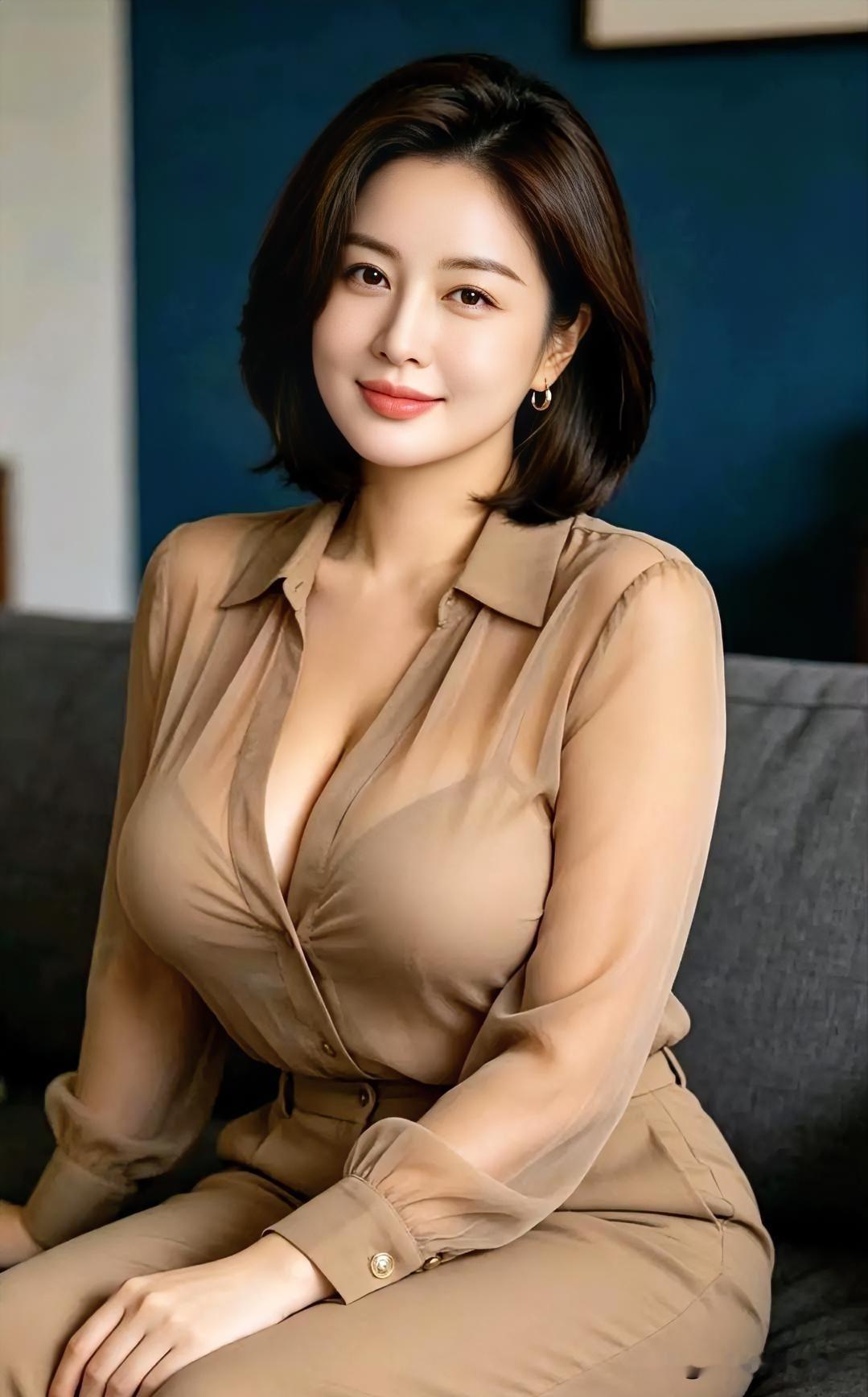 驼色轻纱衬衫，温婉而慵懒，深蓝背景衬托，尽显岁月沉淀的成熟优雅。