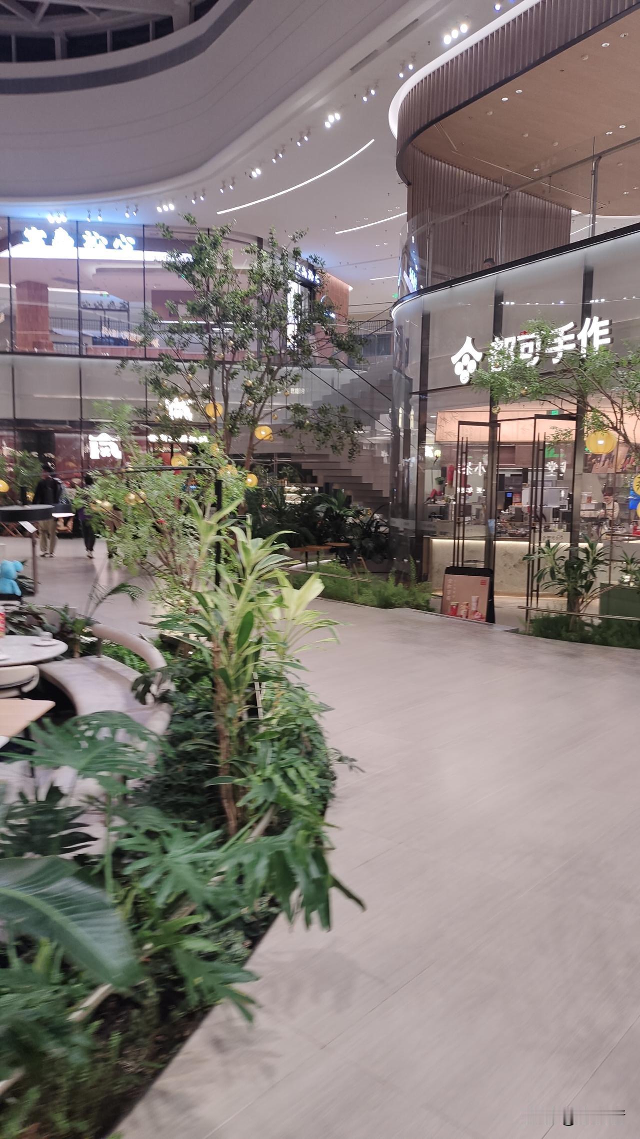 相城龙湖天街餐饮街区，虽然是在楼宇室内， 放眼周围餐馆，绿植盆栽，草坪花草，树木