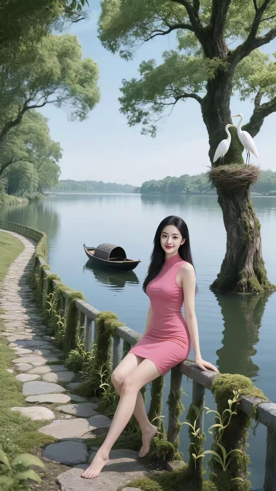 塞鸿秋·湖畔小坐
粉裙轻染苔痕翠，
赤足闲踏青石碎。
白鹭枝头云影对，
乌篷摇碎