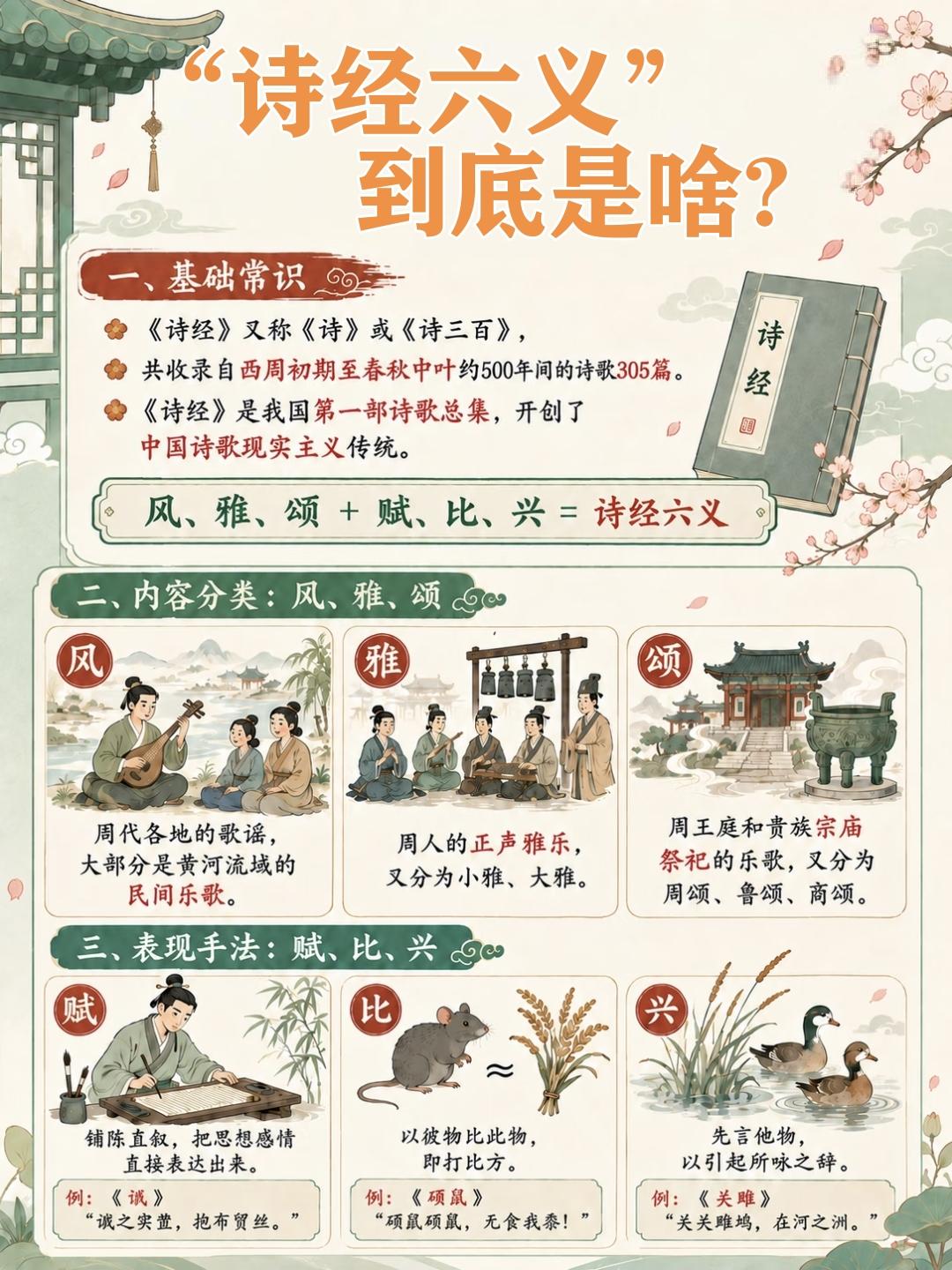 “诗经六义”到底是啥?诗经六义指风、雅、颂，赋、比、兴。其中，风雅颂是《诗经》体