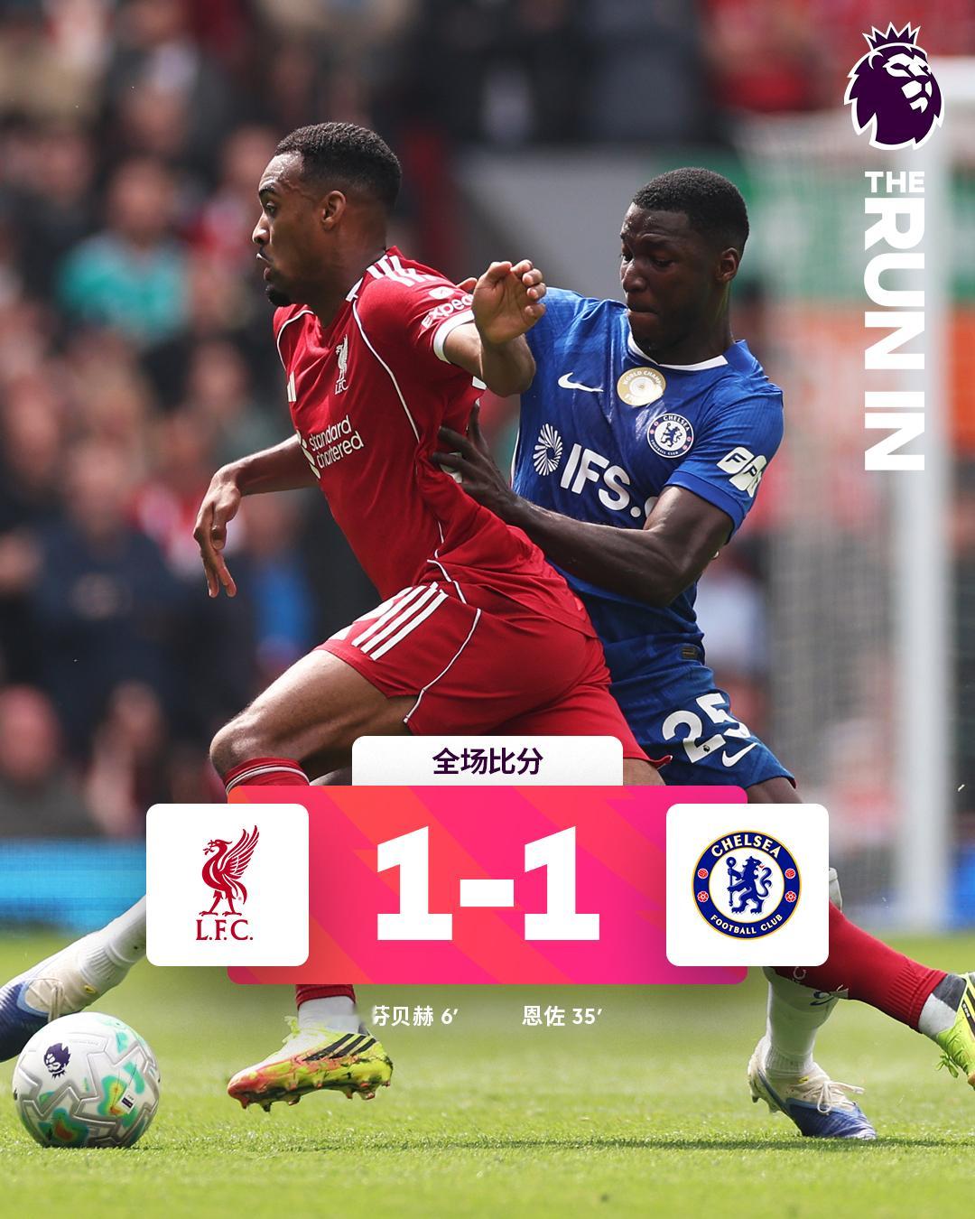 全场比分丨利物浦 1-1 切尔西⚽第6分钟，恩古莫哈分球，赫拉芬贝赫弧顶远射破门