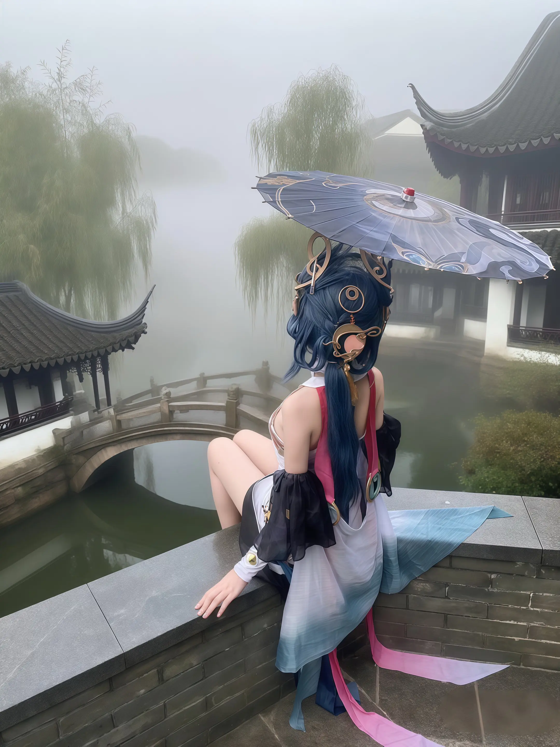一笛清影化烟魂，落入江湖伞犹温。江南烟雨