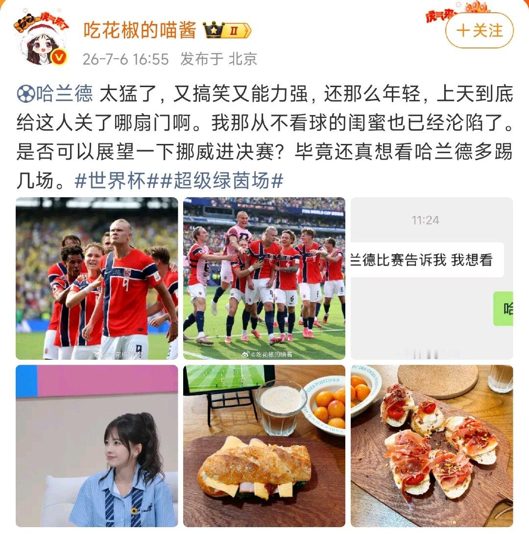 【王冰冰说想看哈兰德多踢几场】王冰冰发博说哈兰德太猛了 7月6日，王冰冰发文：“