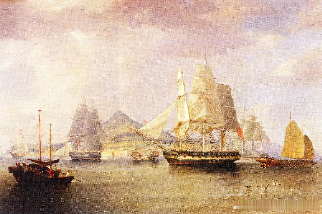 1824年伶仃岛的鸦片船。19世纪20年代至40年代间，鸦片贸易在中国飞速发展，