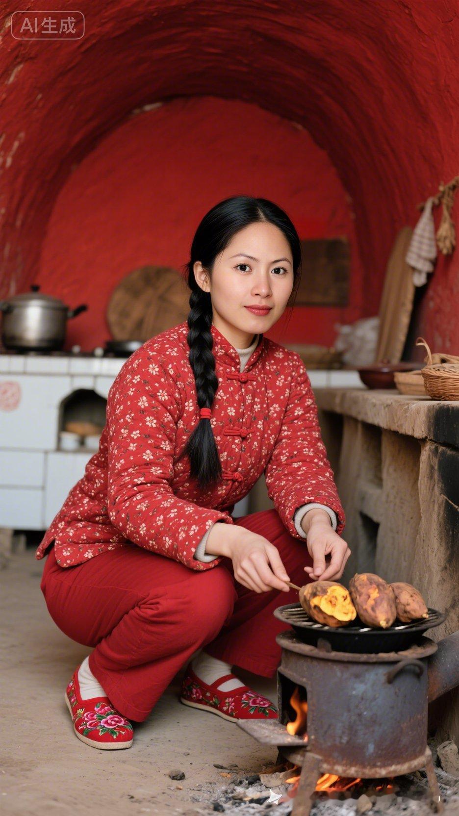 在红墙下，用柴火烤红薯，感受传统生活的温暖与美好。