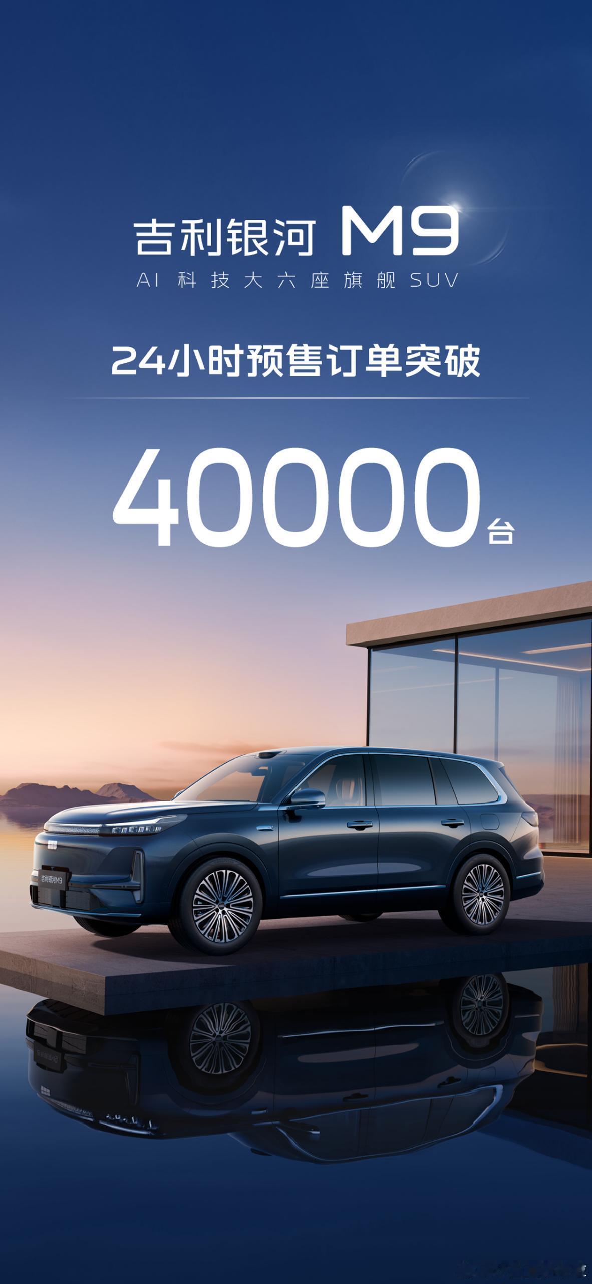 吉利银河 M9 预售24 小时订单突破 40000 台。看到吉利银河 M9 这个