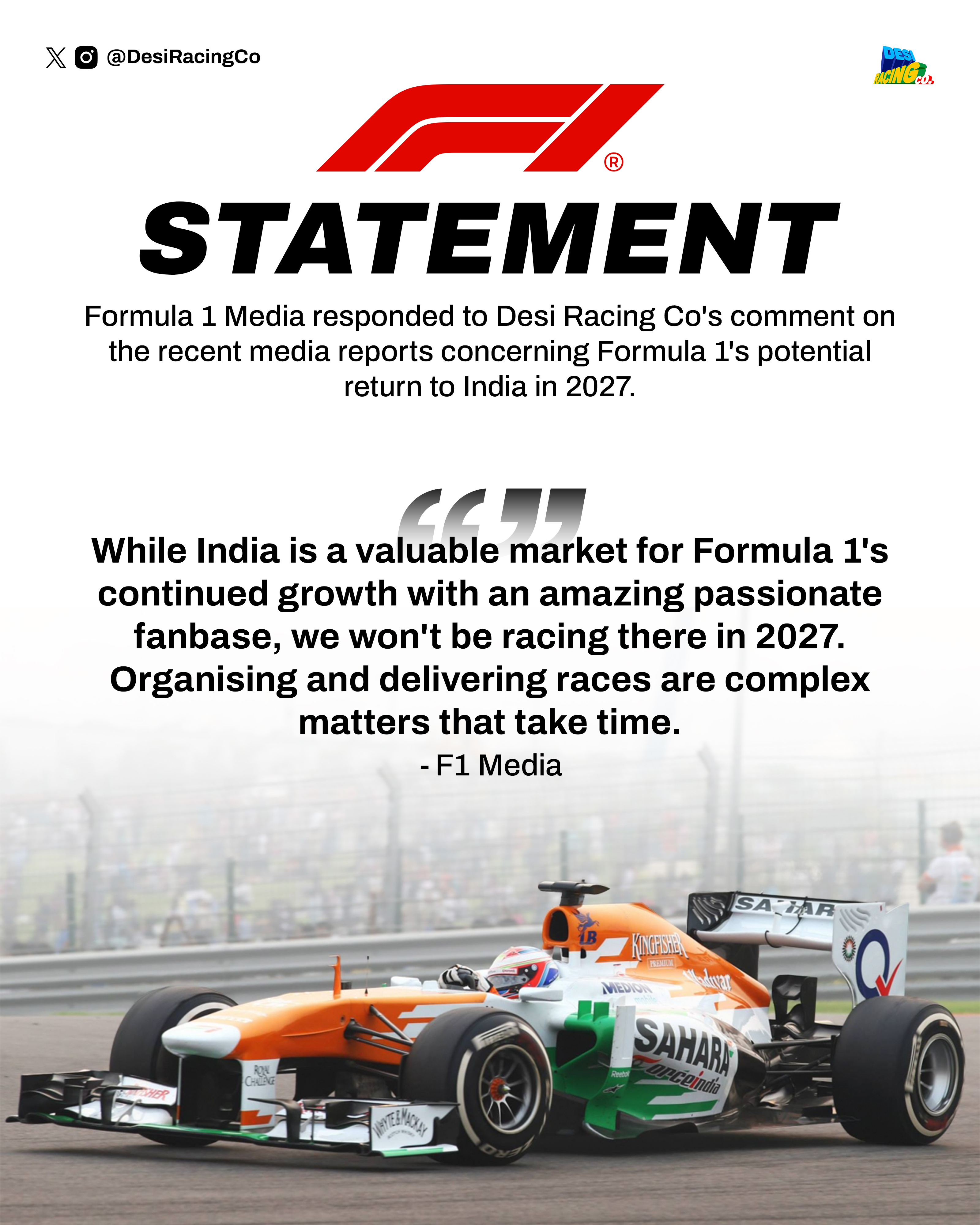 F1官方否认2027年将有印度大奖赛“尽管印度对于F1持续发展而言是一个颇具价值