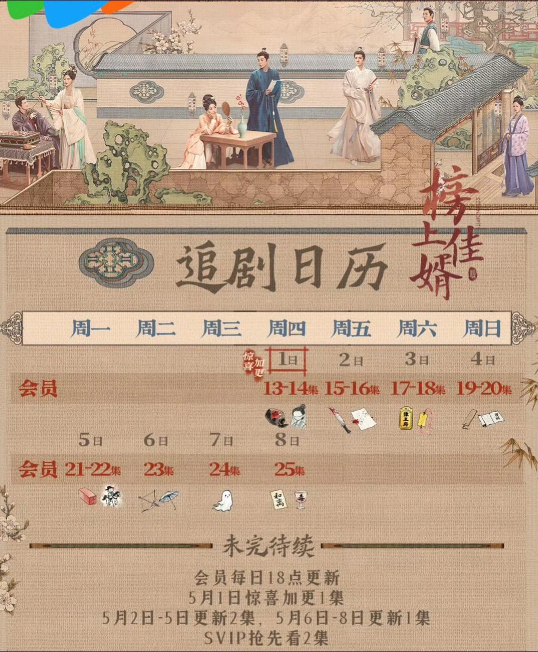 榜上佳婿追剧日历来啦 今日惊喜加更🎉。下面每集的配图有没有懂的家人们...