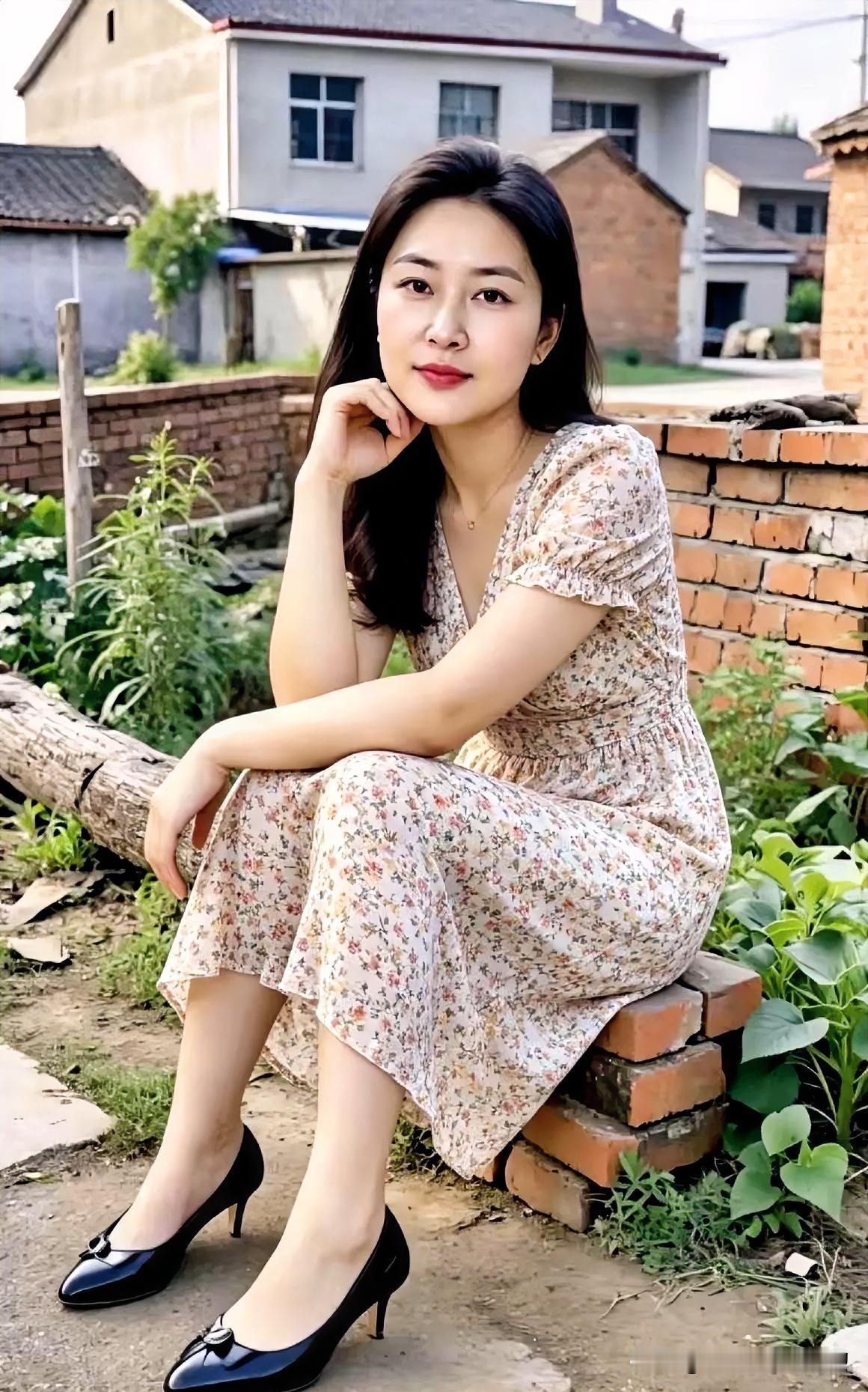 碎花长裙绽放在乡野之间，黑鞋沉稳。姿态闲适，眼神清澈，诠释着返璞归真的田园诗意。