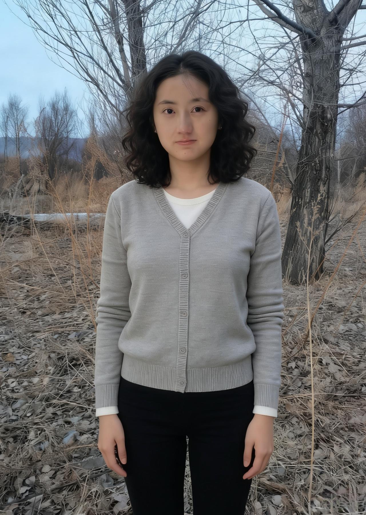 素衣轻软拂尘沙，短发垂肩映落霞。
旷野寒深凝玉色，疏林影瘦衬芳华。
心自远，意无