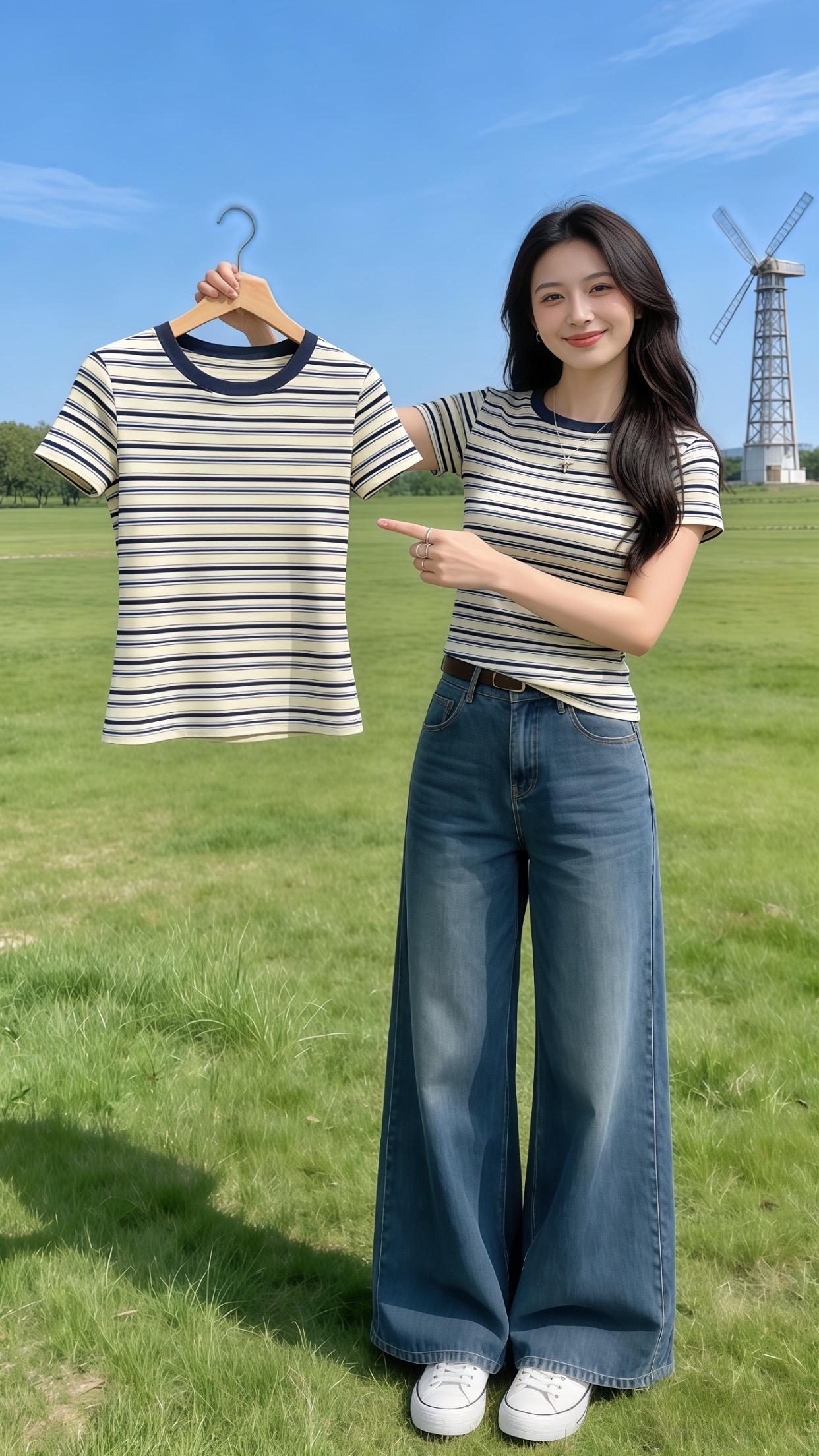 早春姐感穿搭 撞色条纹短袖T恤 春夏姐系气质穿搭 短袖T恤 时尚穿搭