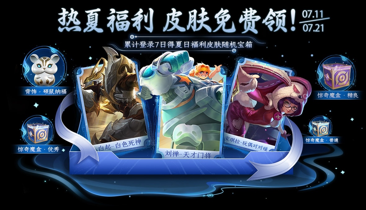 #王者荣耀[超话]#夏日福利来了！登七天可以领取皮肤宝箱还有元流之子的新背饰[干