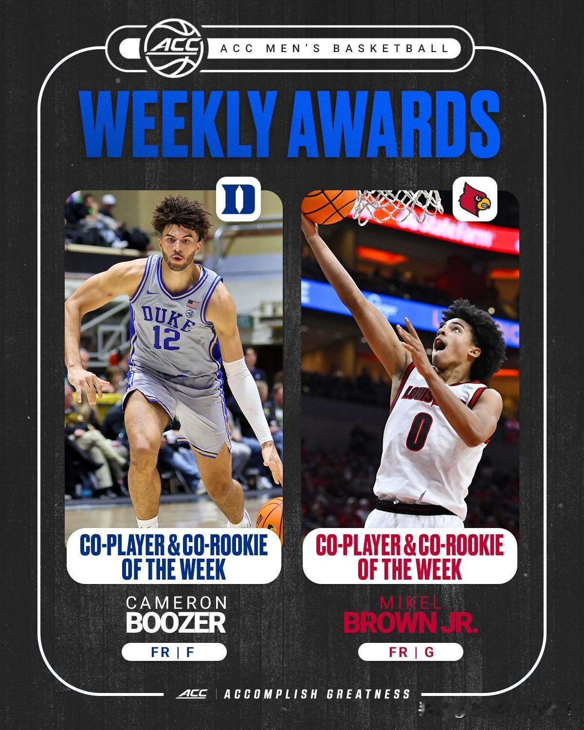 杜克Cameron Boozer与路易维尔Mikel Brown Jr共享ACC