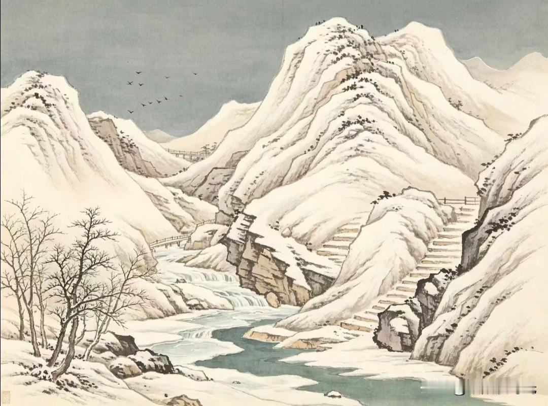 皑皑白雪覆遍层峦群山，溪涧流水蜿蜒穿谷，寒树疏枝静静伫立。远山含雾，亭台孤舟散落