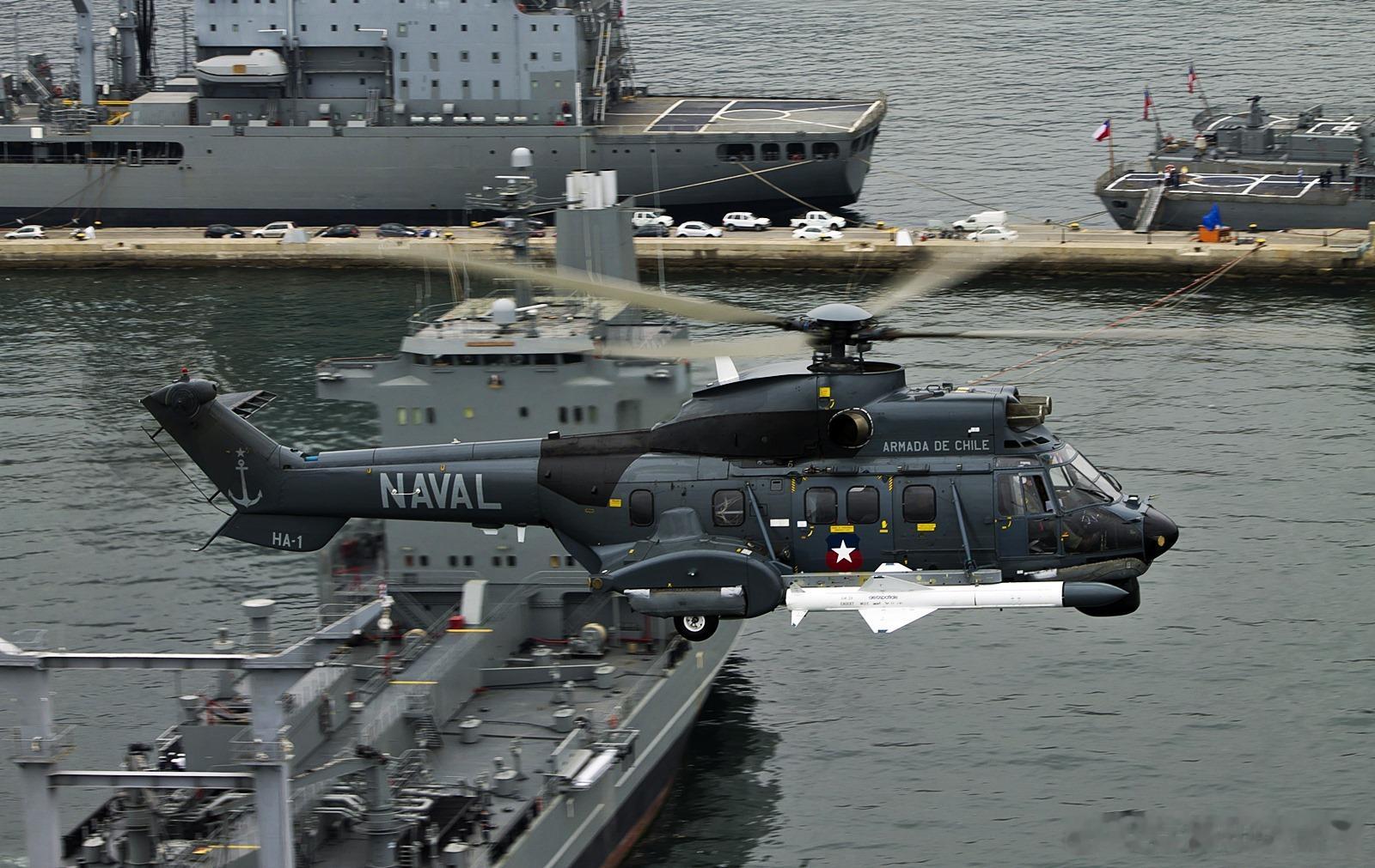 【#兵器欣赏#：#武器装备#   挂载“飞鱼”反舰导弹（AM-39）的智利海军“
