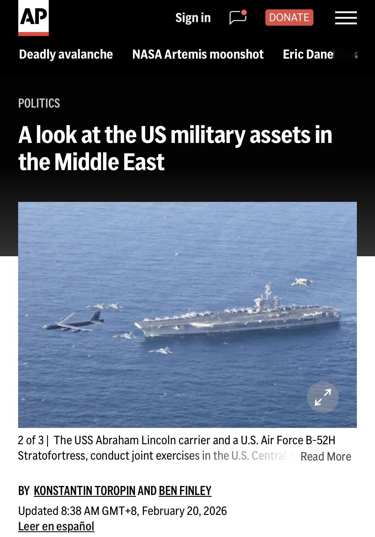 美联社：专家谈美国针对伊朗大规模调动军力的意图

美联社华盛顿2月20日电：五角