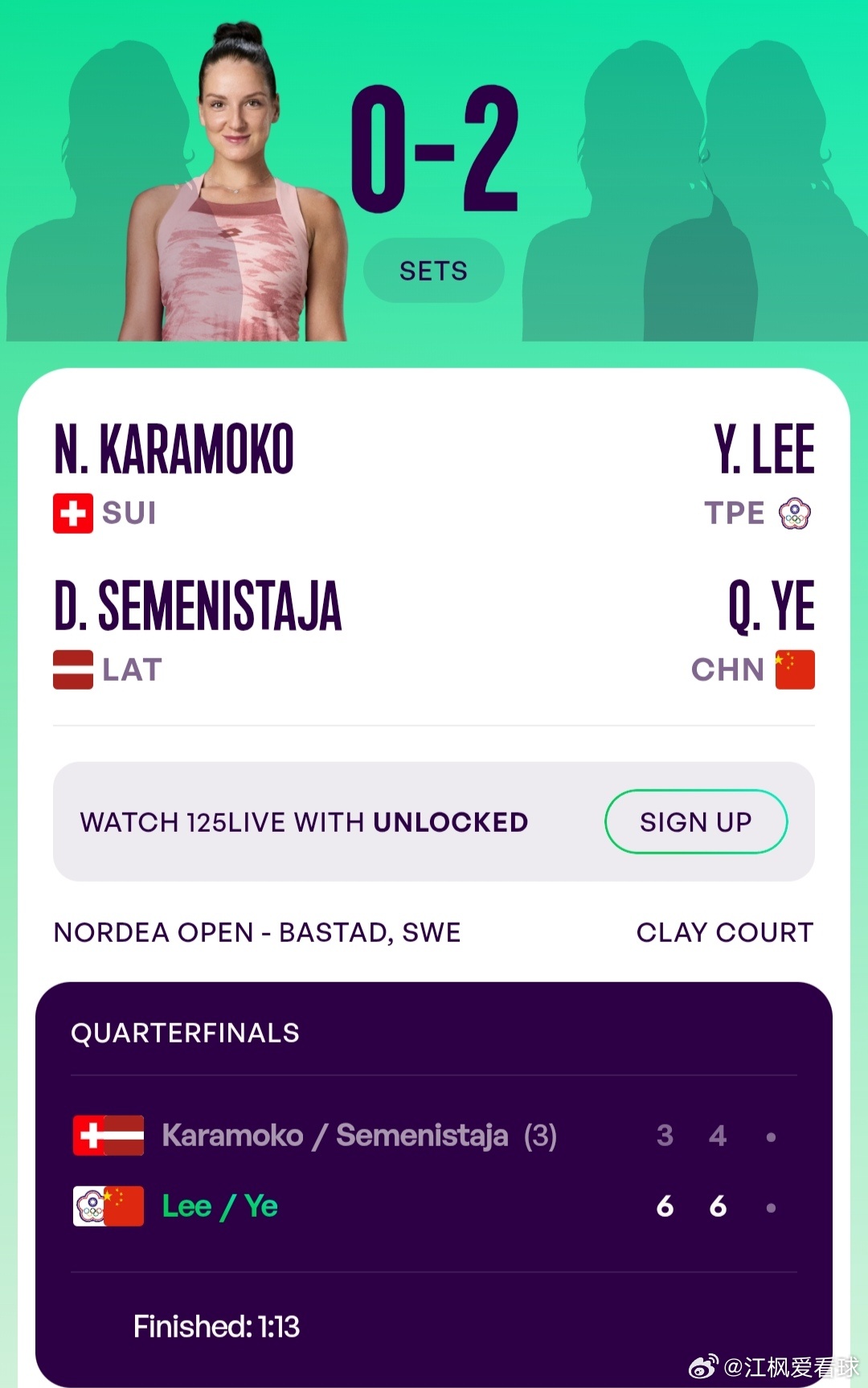 WTA125巴斯塔德站🇸🇪女双8进4海峡组合李亚芯/叶秋语🇨🇳6-3/6