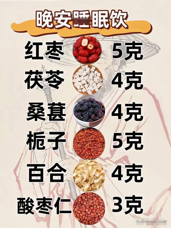 晚安睡眠饮。
·红枣、茯苓、桑葚、栀子、百合、酸枣仁、元气四宝茶：党参4克、黄芩