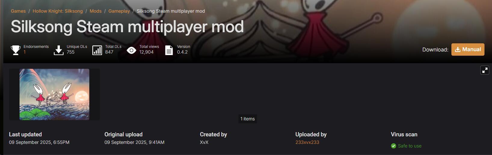 N网作者233xvx233为《空洞骑士:丝之歌》制作了联机MOD，该MOD可通过