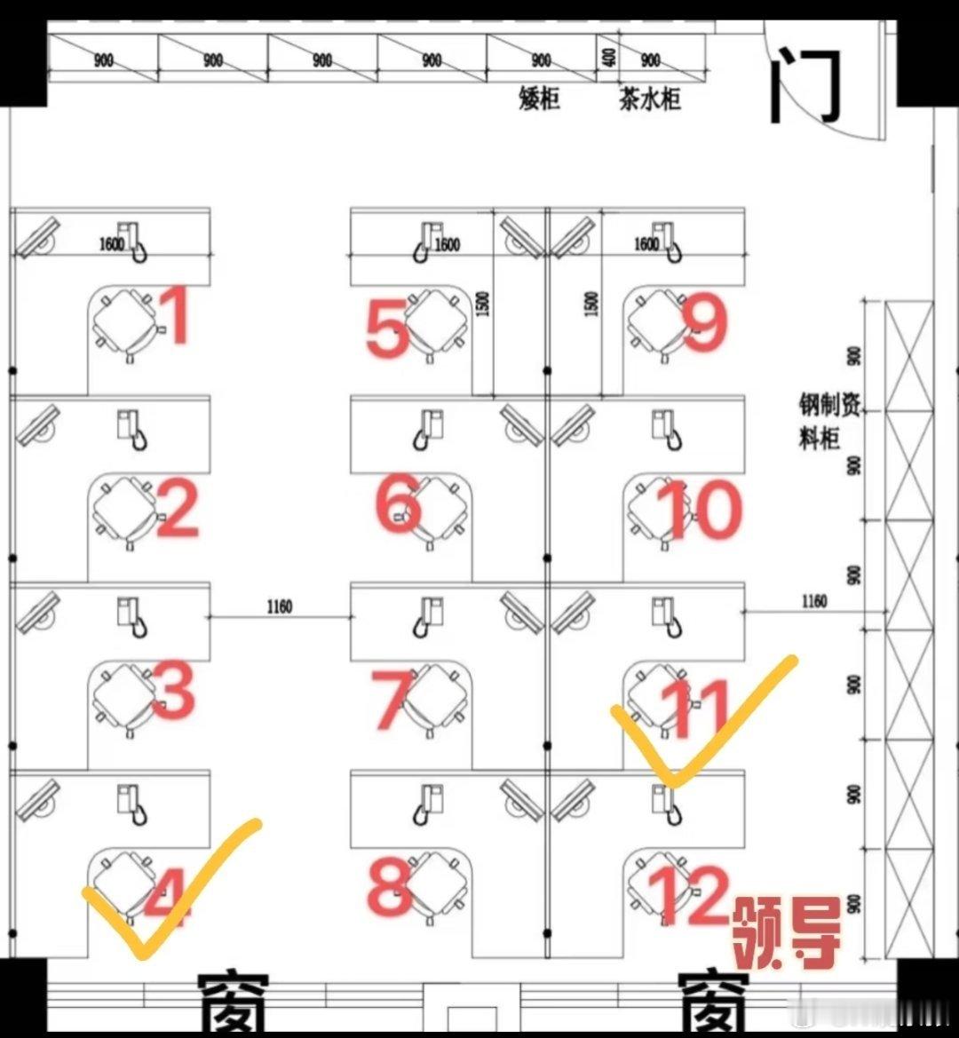 工位按职级排网友:公司的工位图，12是领导，11和4选择哪个？