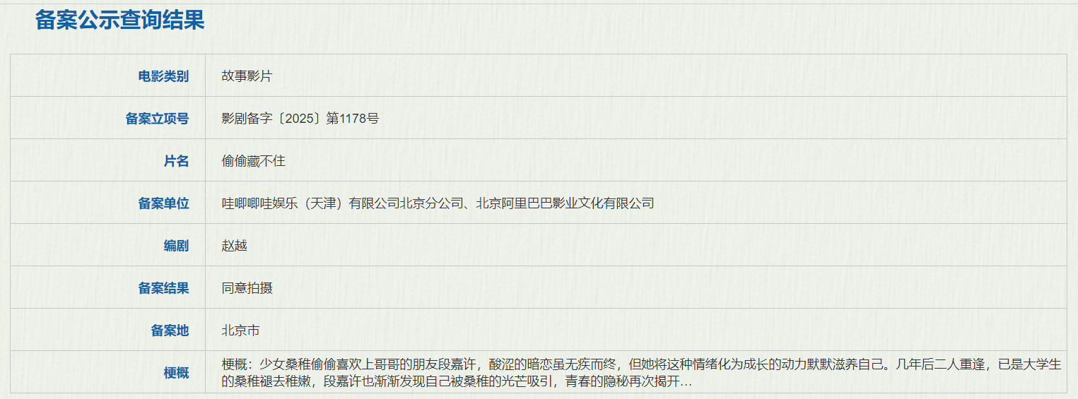 电影版偷偷藏不住立项据国家电影局关于2025年6月下全国电影剧本（梗概）备案、立