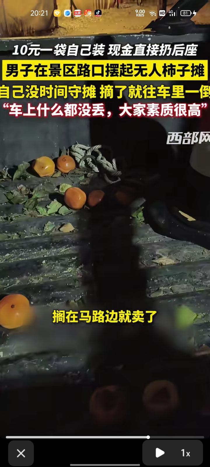 10月29日（报道），北京。男子在景区门口用无人售卖的形式销售自家柿子，只因自己