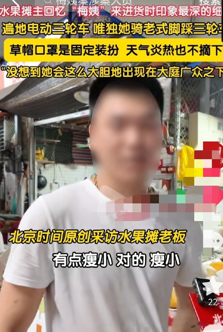 梅姨卖水果时进货的老板对梅姨的评价：印象最深的就是戴个草帽戴个口罩，骑个脚蹬三轮