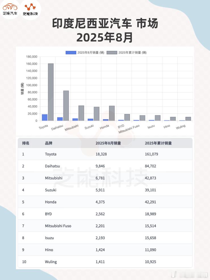 2025 年 8 月，印尼汽车市场持续低迷，批发和零售销量同比均下滑。经济放缓、
