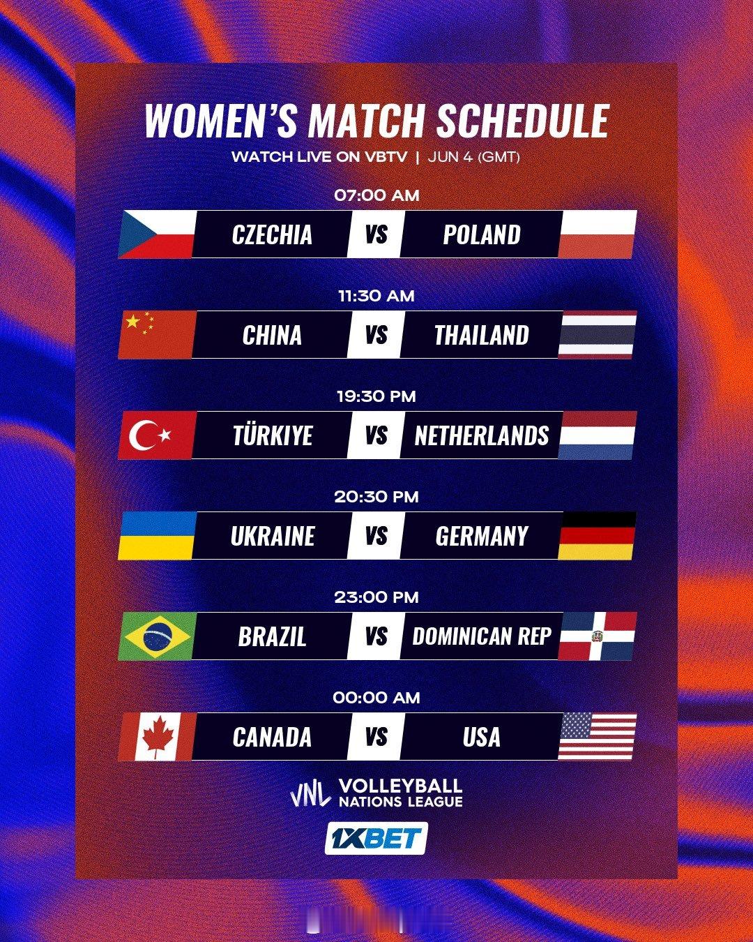 2026年世界女排联赛 第一周第二比赛日赛程安排15：00  捷克vs波兰19：