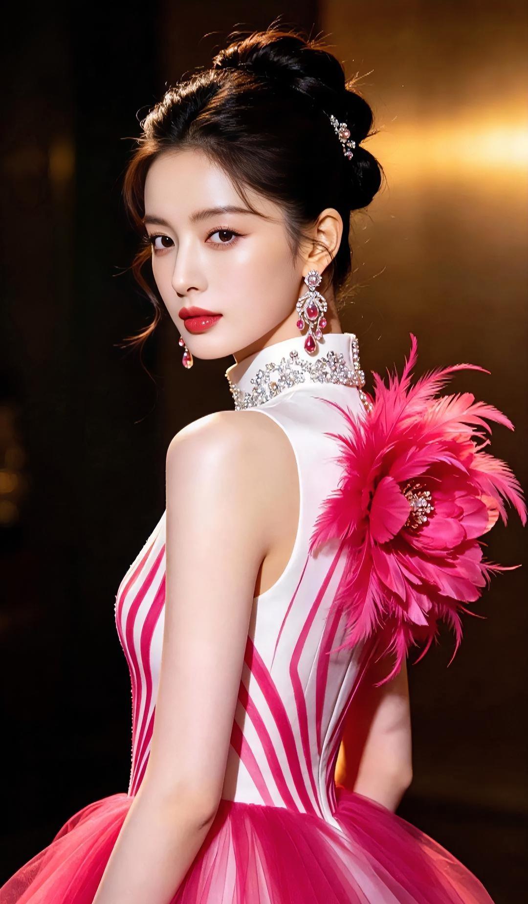 羽畔芳华

暖金光影里，回眸轻望，

珠翠立领，衬出端庄模样。

粉羽如花，在肩