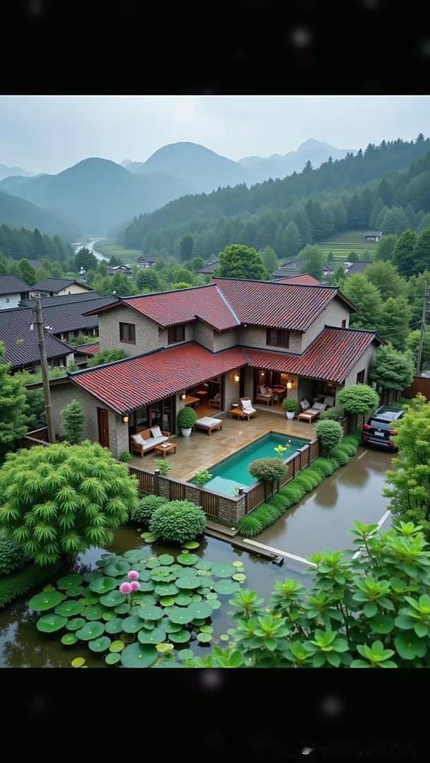 青瓦红檐偎着青山，院边荷池漾着清波，晨起听鸟鸣，暮时看云归。
 
屋后林木葱茏，