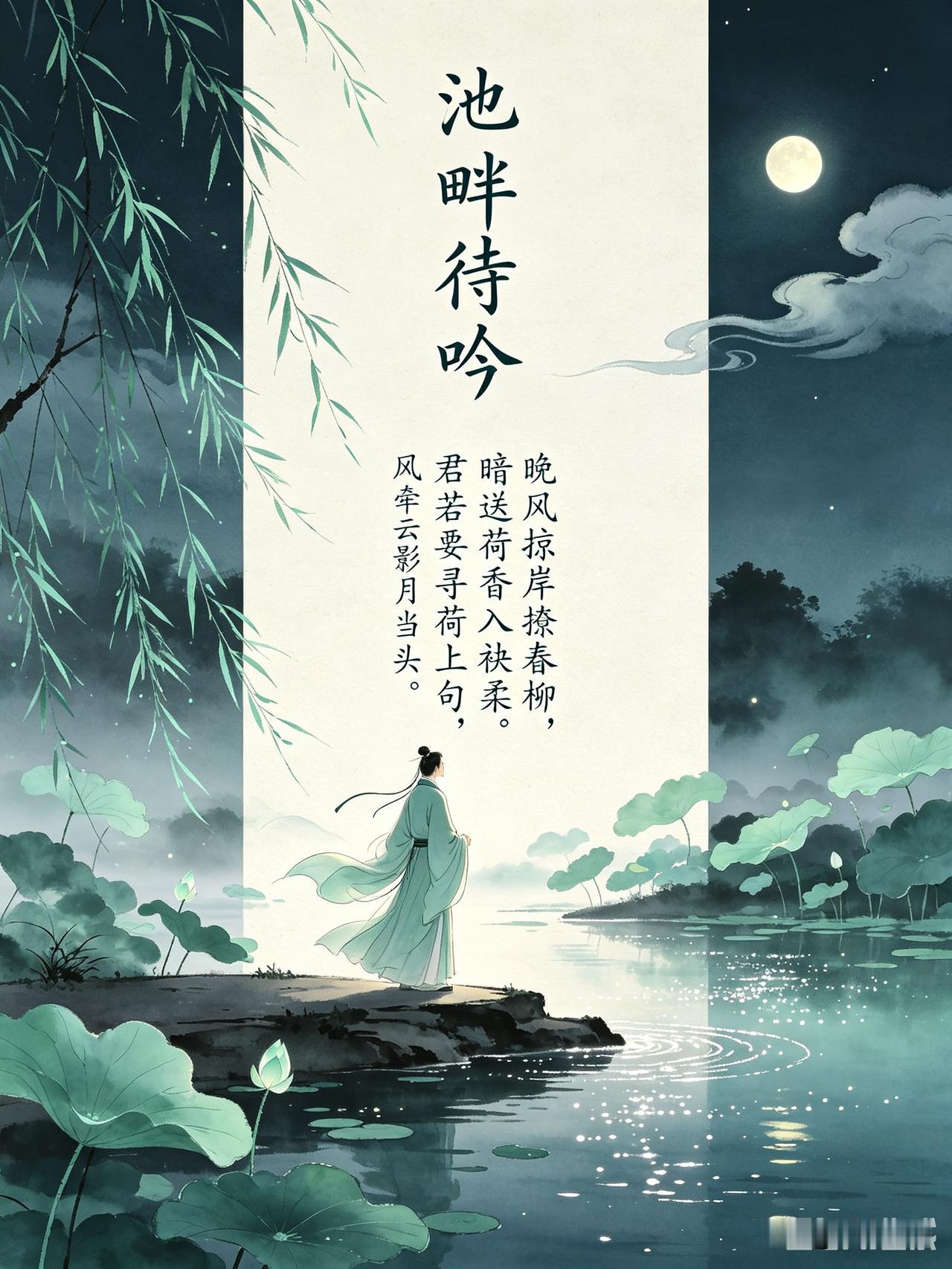 头条创作训练营 《池畔待吟》乐韵晓诗原创诗词:
晚风掠岸撩垂柳，
暗送荷香入袂柔