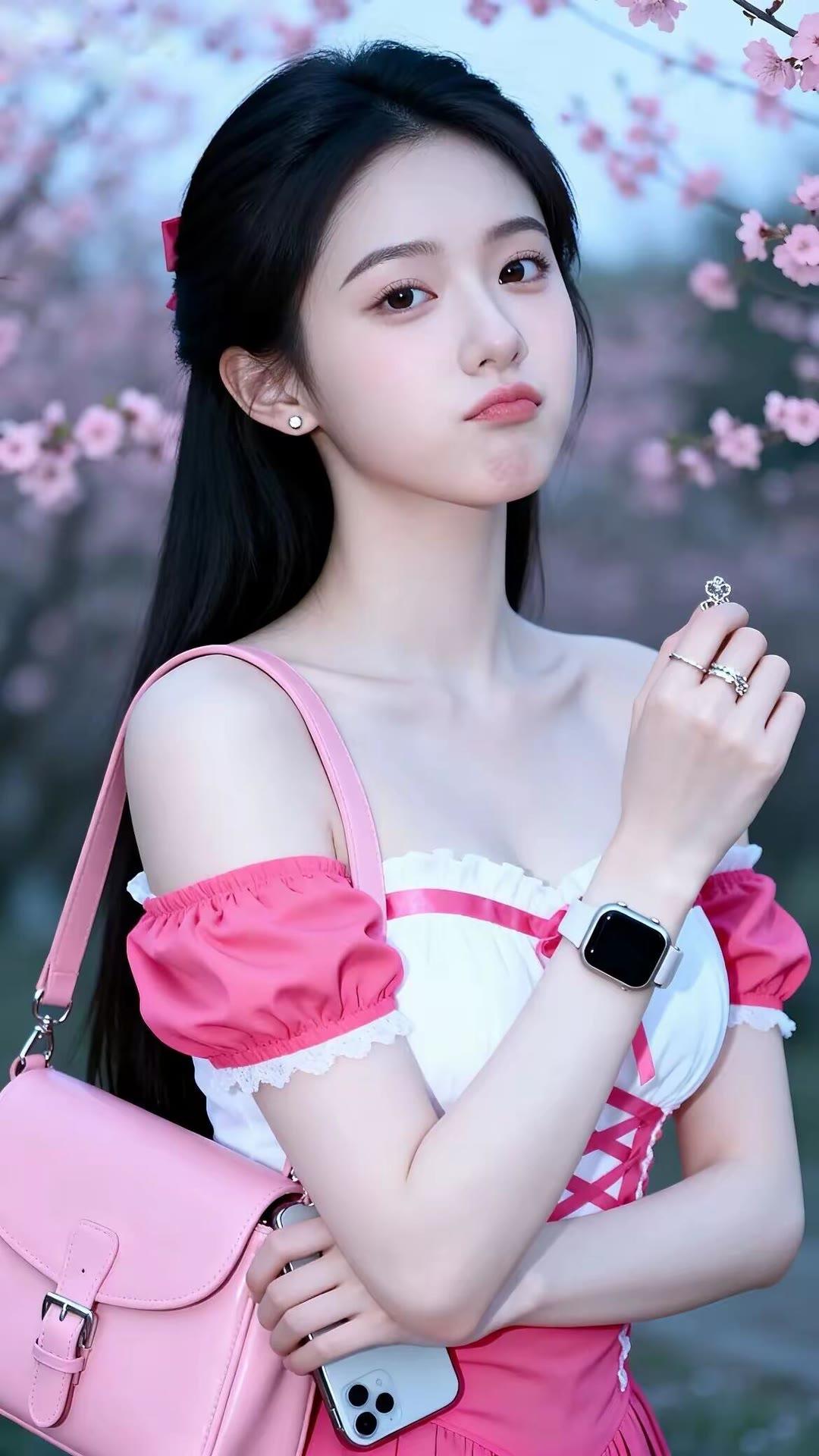 樱花树下，美人如画。
