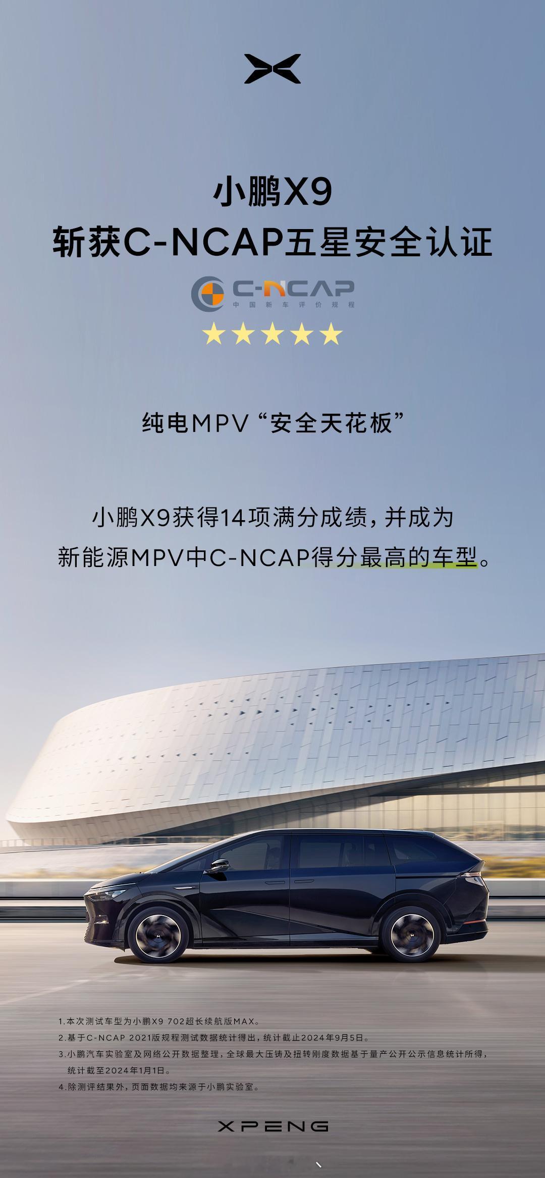 小鹏X9 C-NCAP成绩正式出炉！C-NCAP五星安全认证 ，共获得14项满分