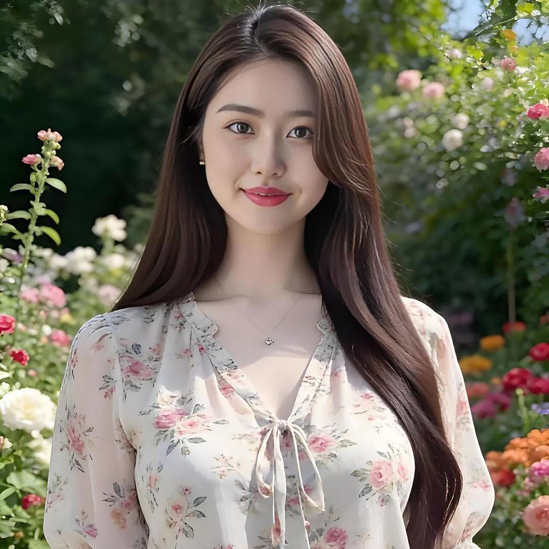 夏日花园中的优雅少女，花海中的美丽瞬间。海边花海少女 花海少女照 花海少女 蓝色