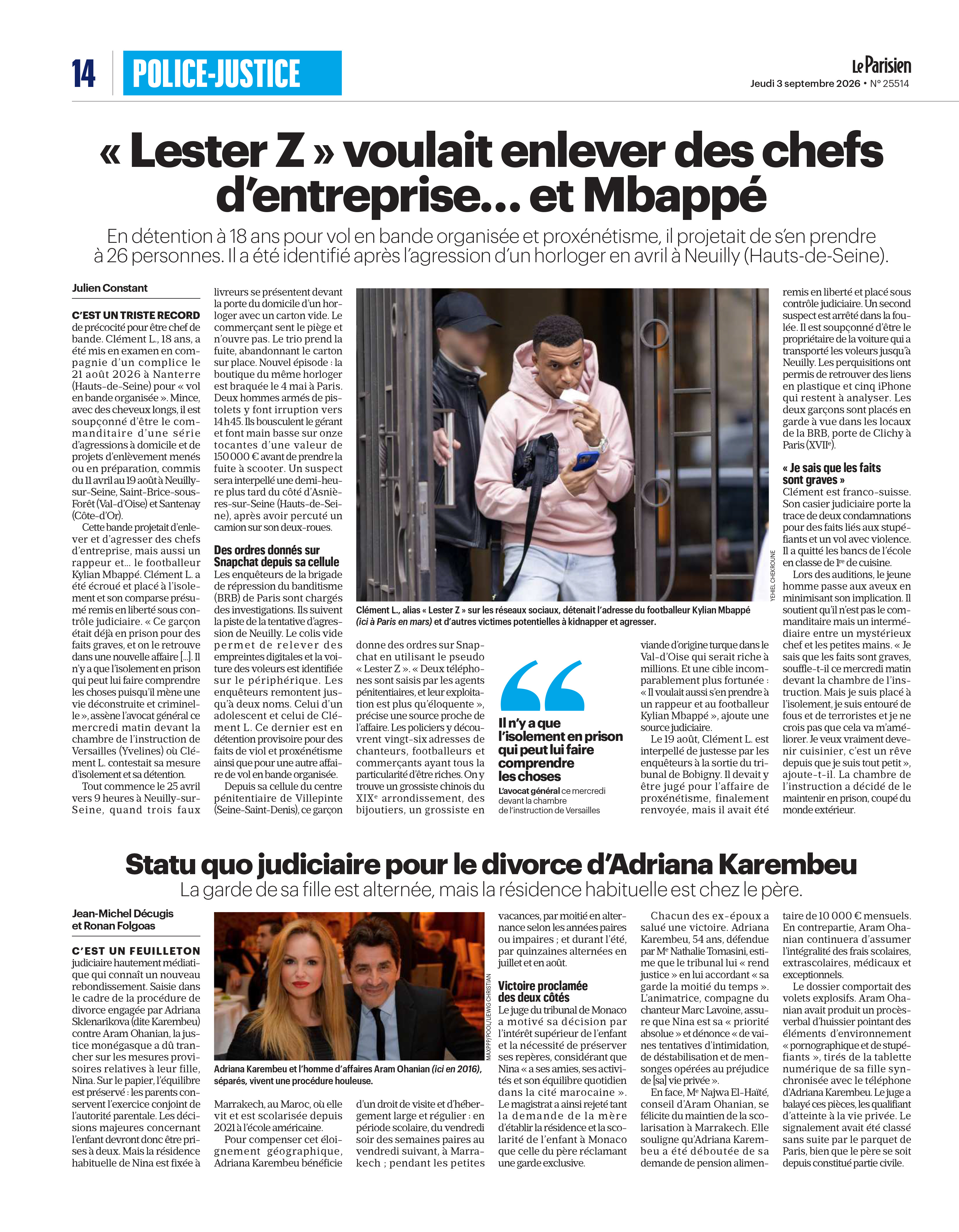《巴黎人报》Le Parisien｜2026 年 9 月 3 日 第 14 版头