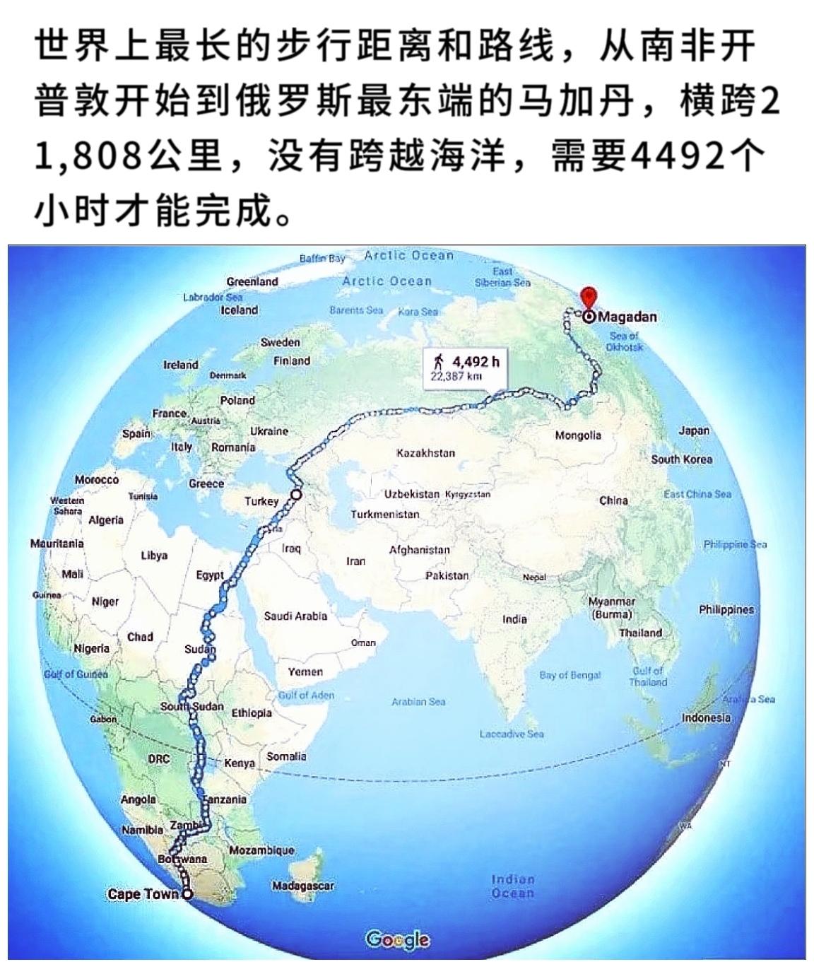 世界上最长的步行距离和路线，从南非开普敦开始到俄罗斯最东端的马加丹。