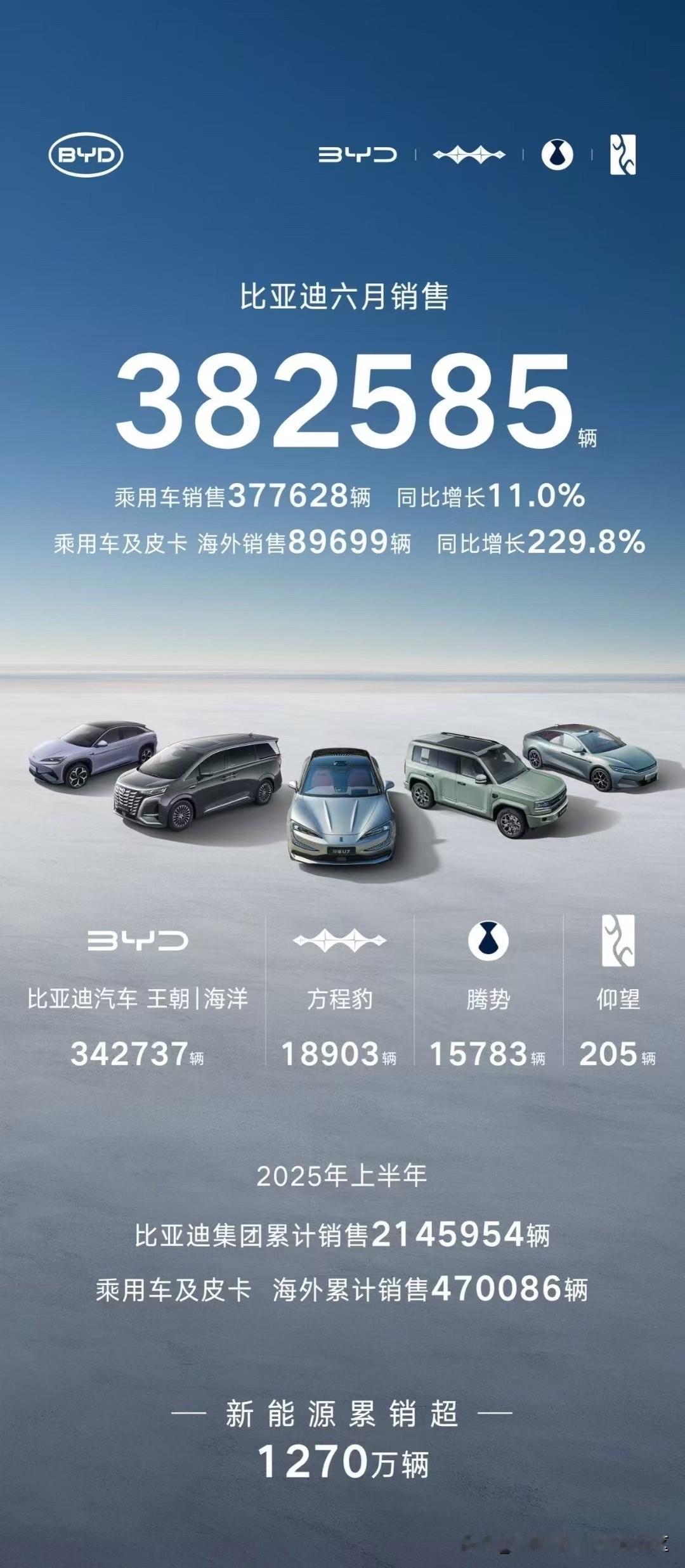 7月1日公布2025年6月销量的新能源车企[思考]
-比亚迪：新能源乘用车共计3