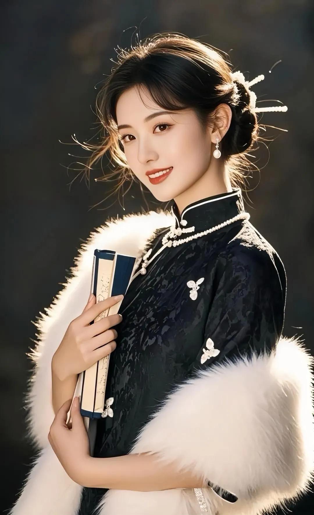 温婉古风美人，手持书卷，白狐毛披肩，韵味十足。佳人倩影风华展 国风美俏女 美人的