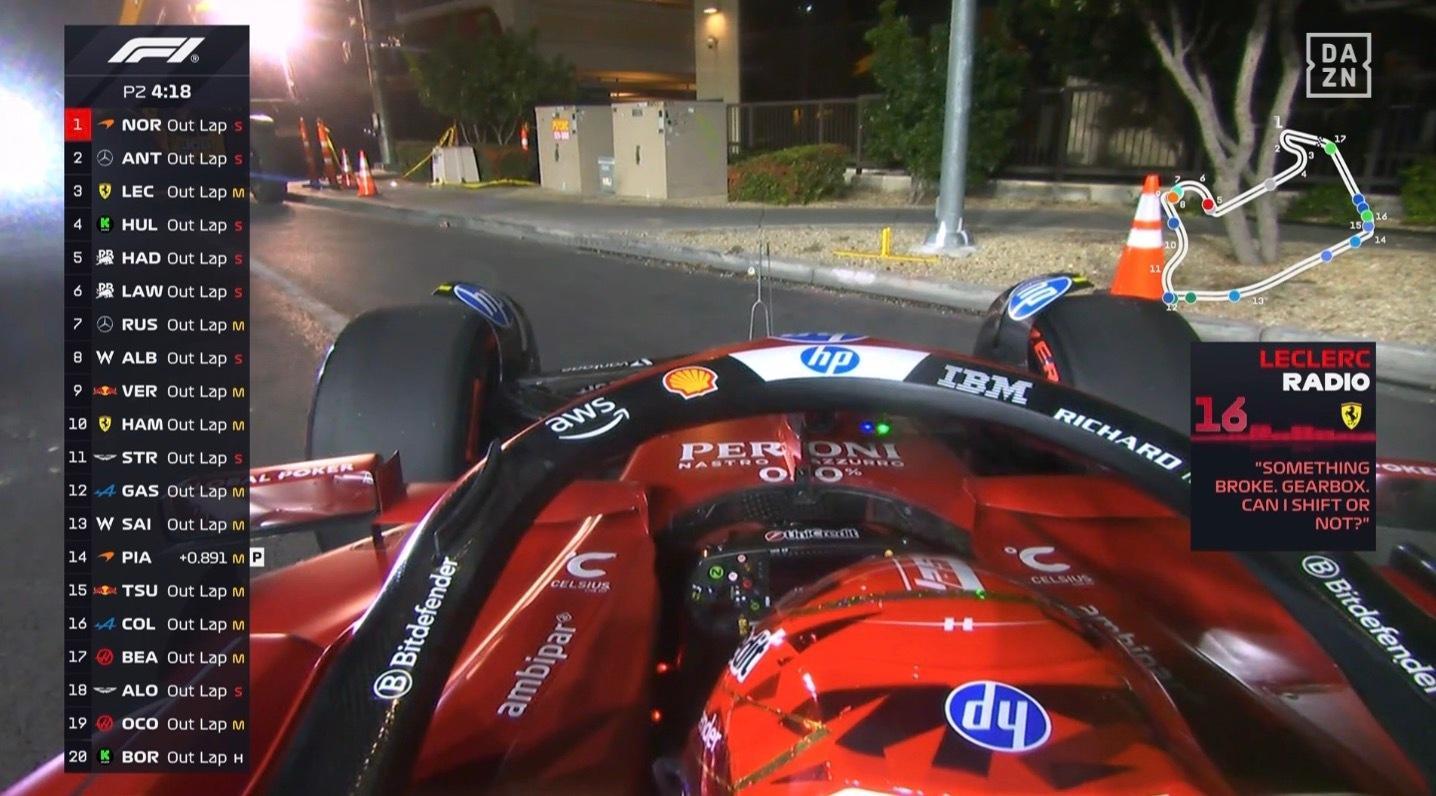 FP2还剩4分钟 勒克莱尔的赛车变速箱故障