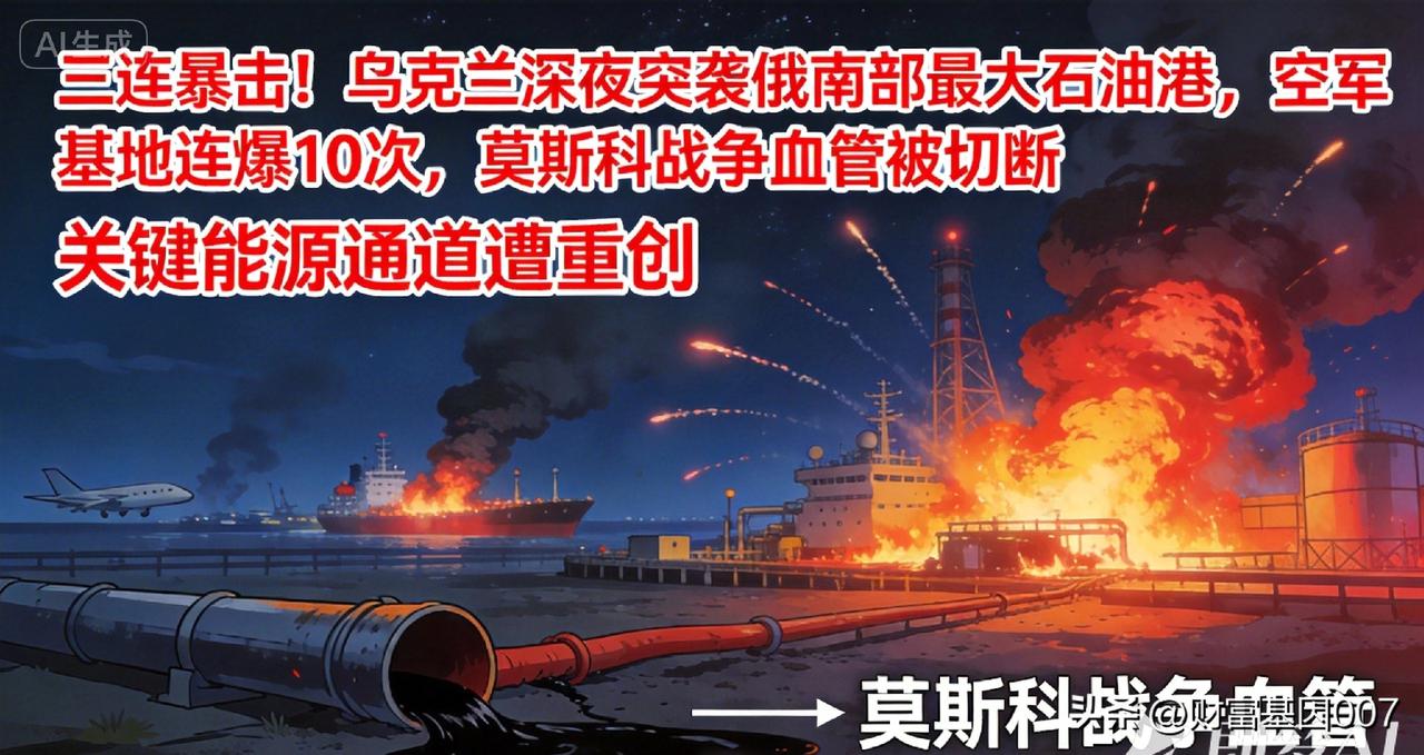 《三连暴击！乌克兰深夜突袭俄南部最大石油港，空军基地连爆10次，莫斯科战争血管被