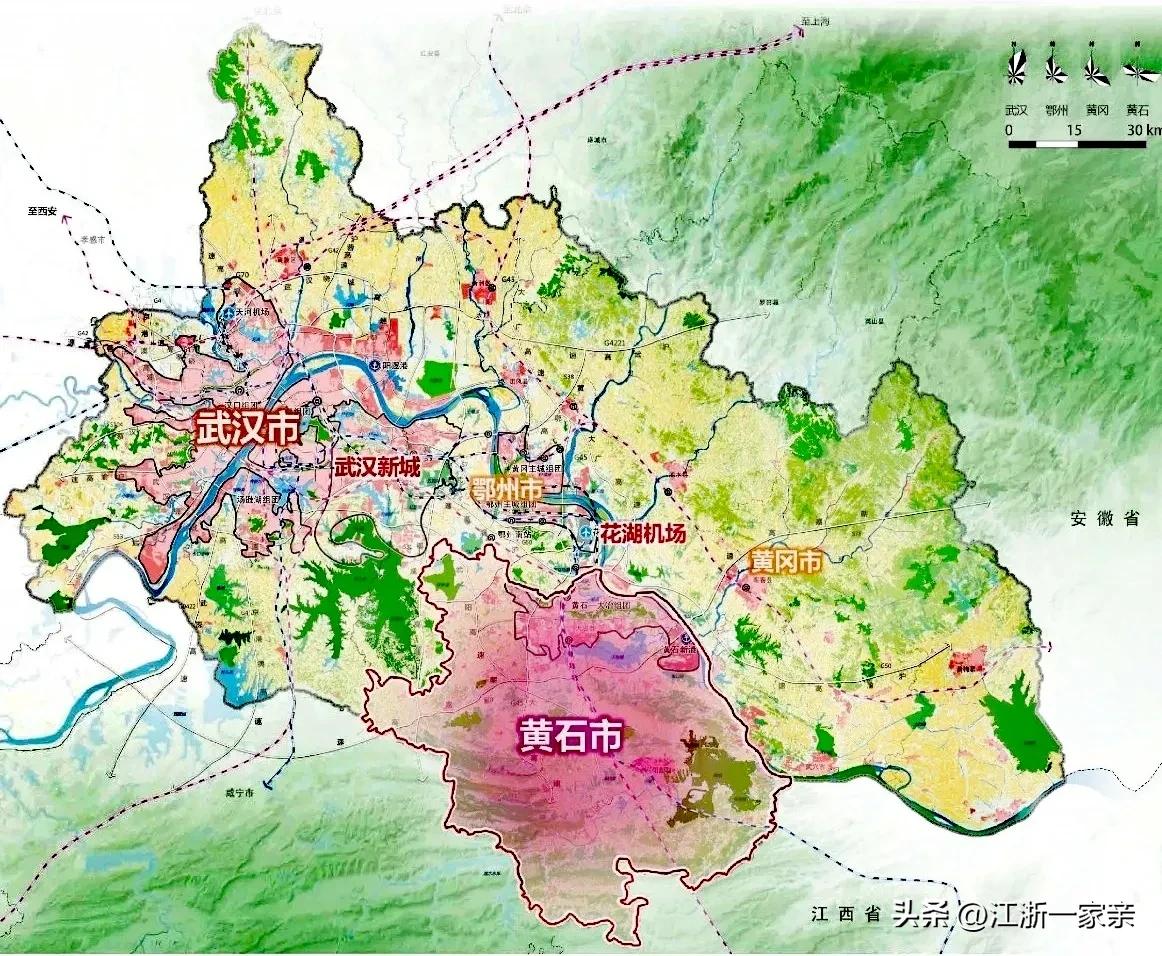 黄石这座城市都要和武汉连在一起了，另外鄂州市、黄冈市也与武汉市非常近。

虽说黄