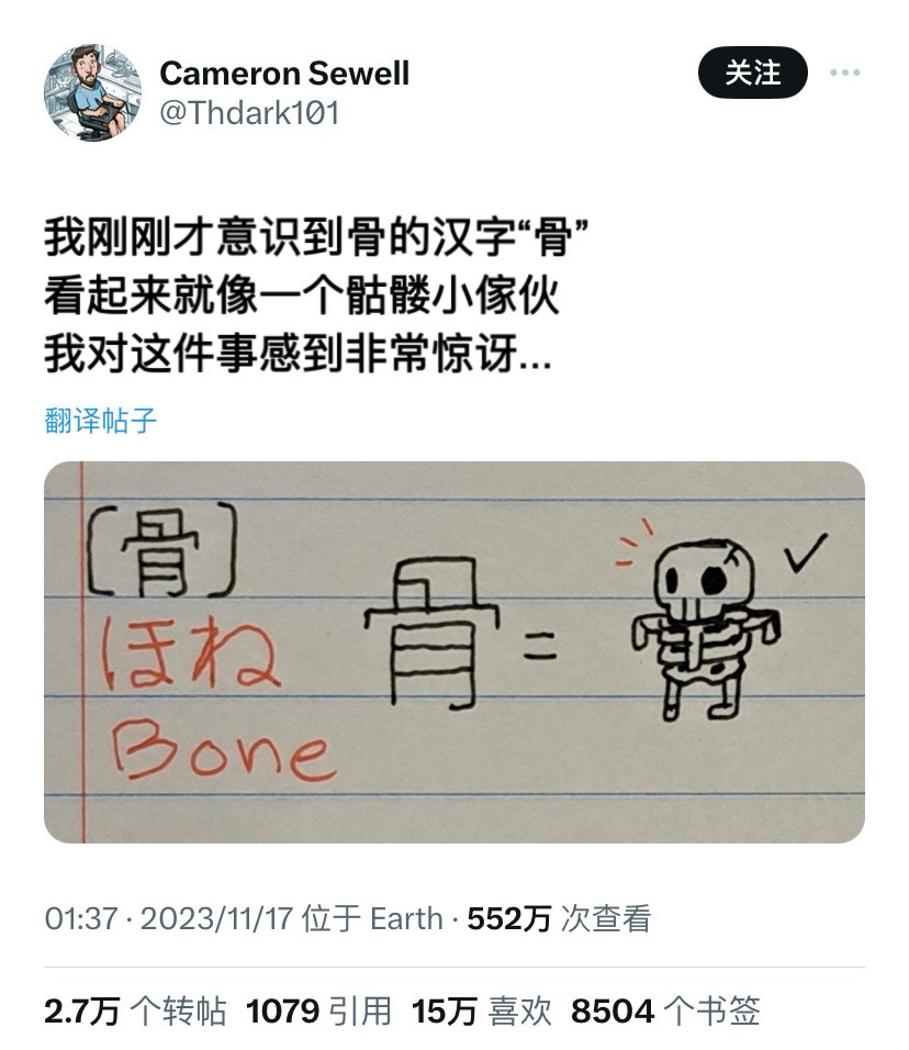 本国网友进修日语的时间发明，「骨」的汉字看起来像一个小骷髅……[哆啦A梦受惊] 