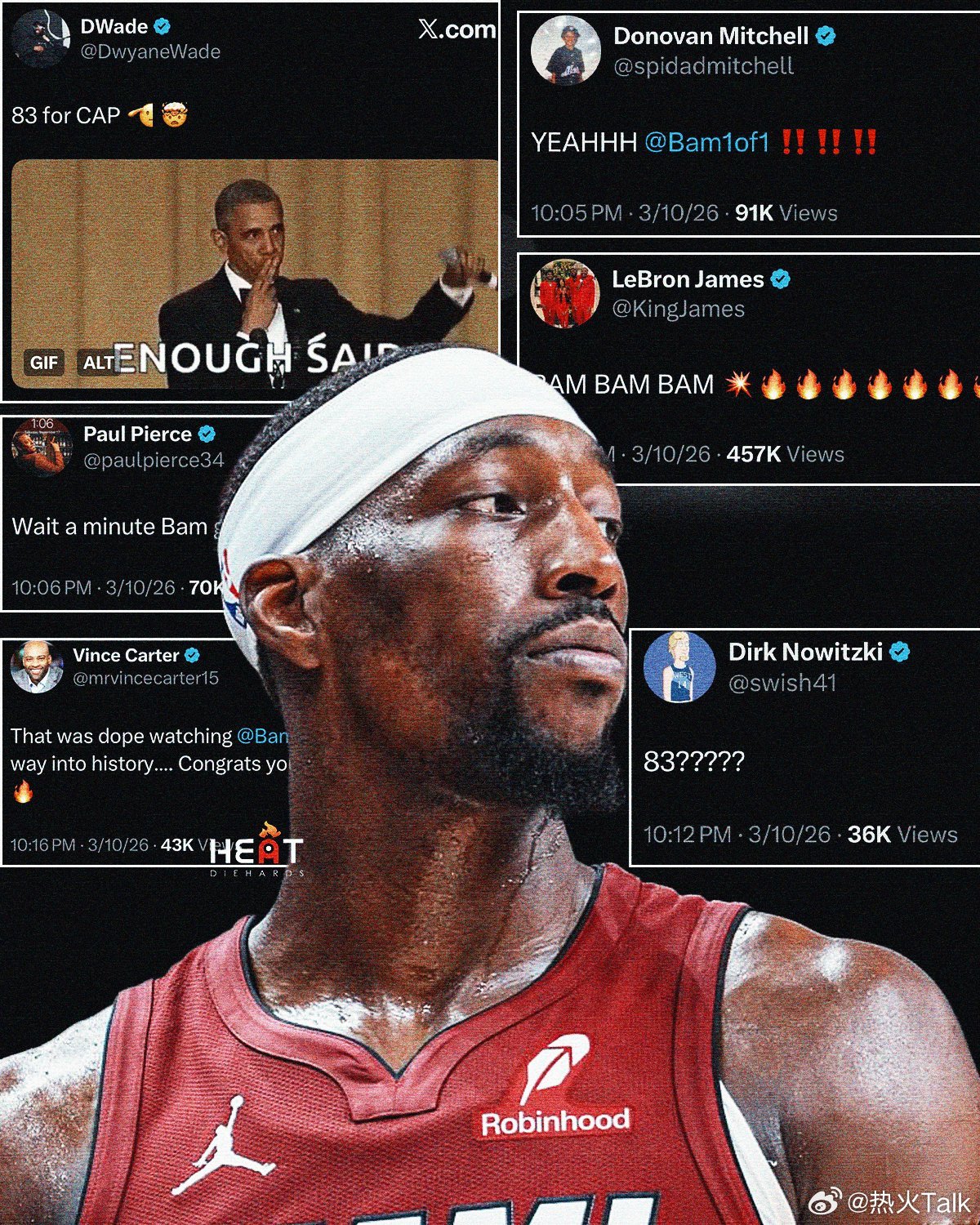 詹姆斯、韦德、诺维茨基、皮尔斯、文斯卡特、唐斯、米切尔、杰伦布伦森等球星都在祝贺