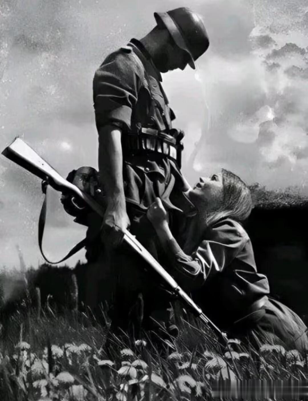 这是1942年，苏德战场中发生的一幕，一名苏联女孩跪在地上苦苦哀求德军士兵，希望