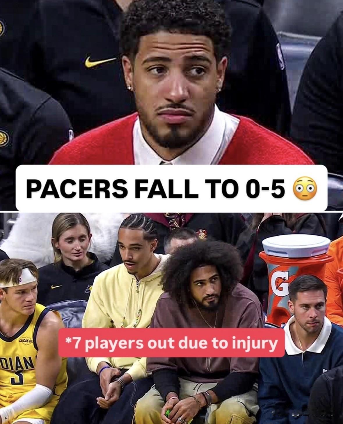 步行者被诅咒了么，天崩开局5连败，球队已经有7名伤员坐在替补席；要知道上赛季他们