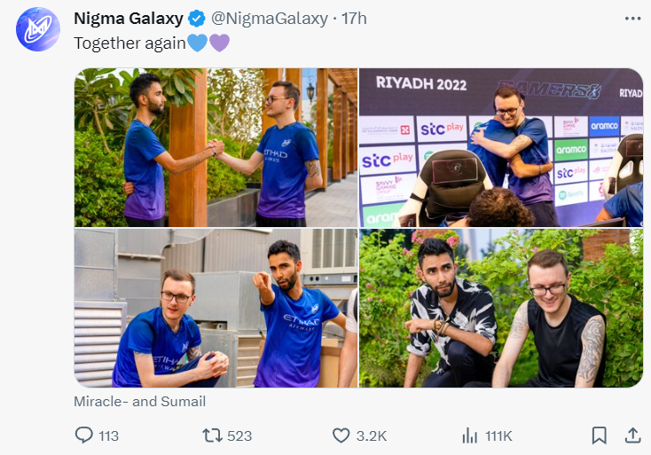 #dota2# 继苏皇回归后，奇迹哥也来了！Nigma战队正式官宣：SumaiL