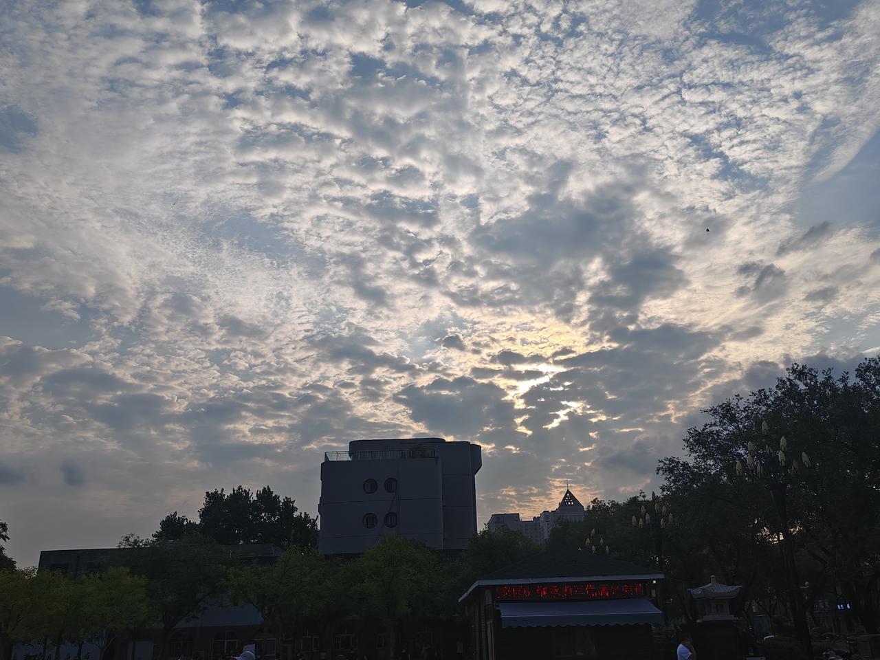 清晨，运城市西花园的上空，乌云遮住了太阳，风儿在空中漂移，今天晨跑还凉快些。
