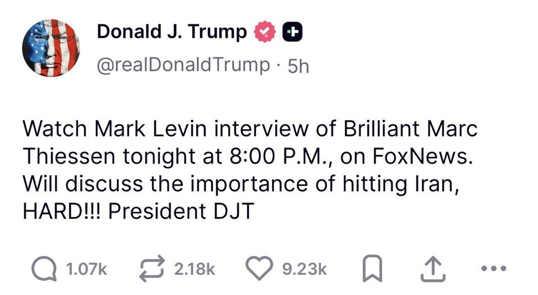 🔻特朗普在 Truth Social 上敦促其追随者观看福克斯新闻的一档节目，